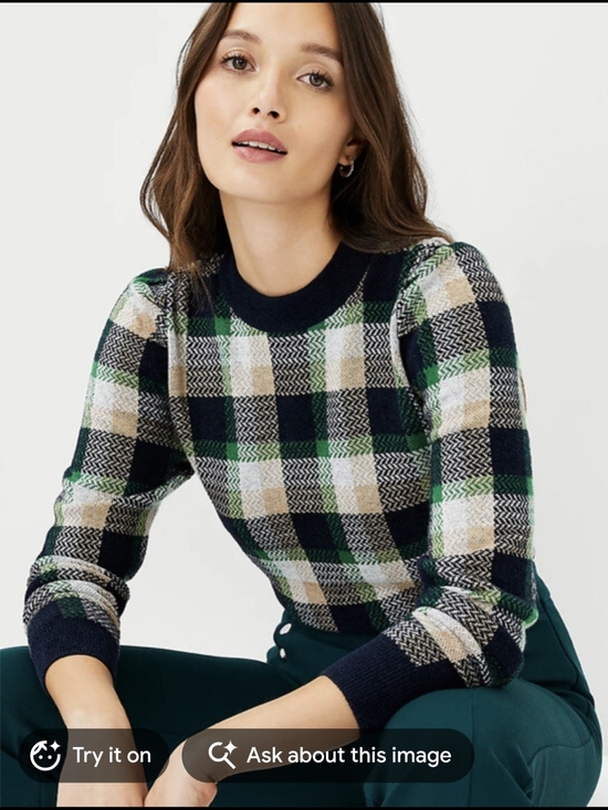 Ann Taylor Sweaters - Ann Taylor Plaid Puff Sleeve Sweater Green Navy Knit XS Measurements